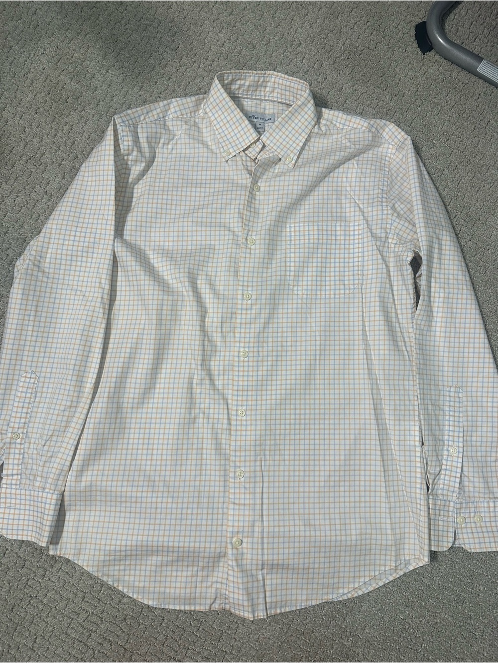 Peter Millar Mens M Button Down Shirt Blue Tan Plaid Stretch Golf Long Sleeve